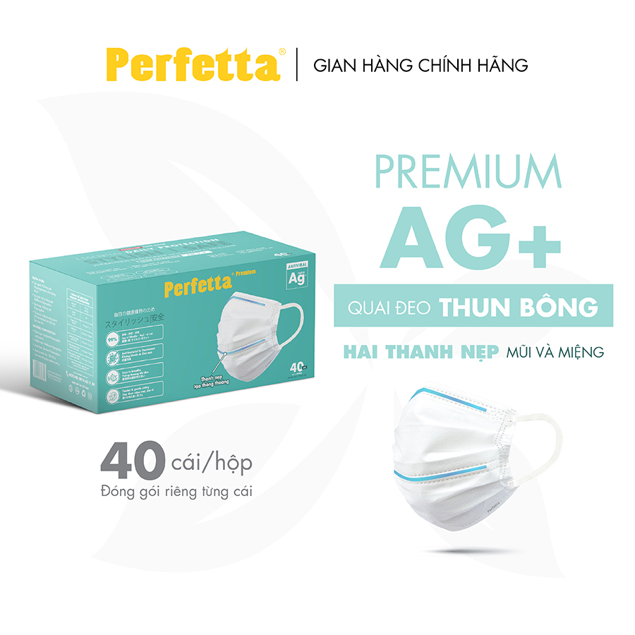 [Premium AG+] Khẩu Trang Cao Cấp Chuẩn Nhật Perfetta Premium AG+, 2 Thanh Nẹp Thông Thoáng (40 cái/hộp)