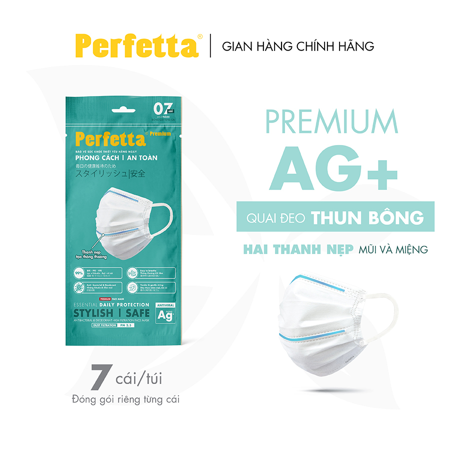 Gói Khẩu Trang Y Tế Cao Cấp Chuẩn Nhật Perfetta Premium AG+, 2 Thanh Nẹp Thông Thoáng (7 cái/gói)