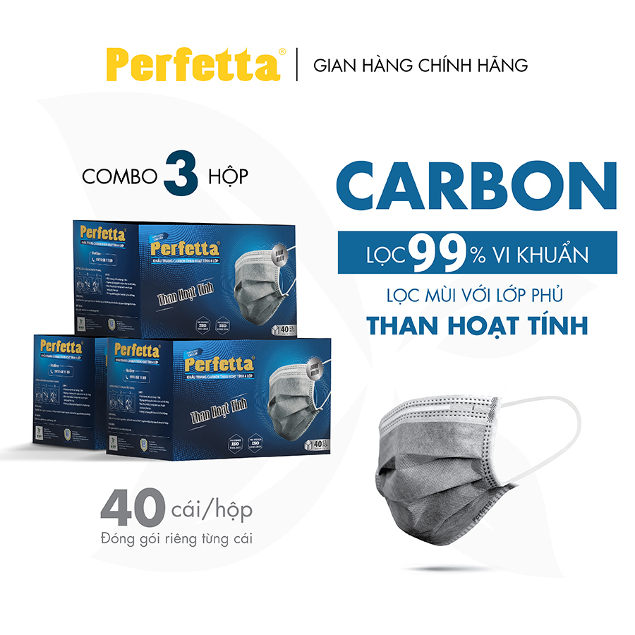 Combo 3 Hộp Khẩu Trang Y Tế Cao Cấp Perfetta Carbon 4 lớp (40 cái/hộp)