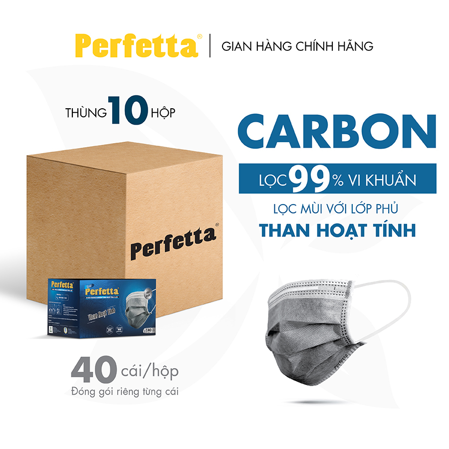 Thùng 400 Cái Khẩu trang 4 lớp than hoạt tính Perfetta Carbon (40 Cái/Hộp)