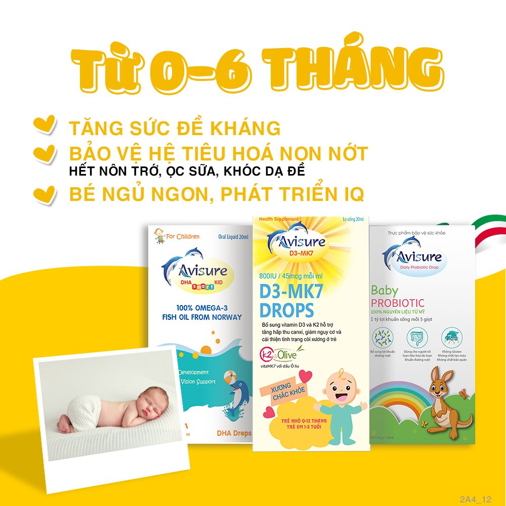 Tích điểm - Combo sơ sinh bộ ba Avisure D3MK7, DHA, Probiotic cho bé ngủ ngon, thông minh, tiêu hoá tốt, đề kháng khoẻ