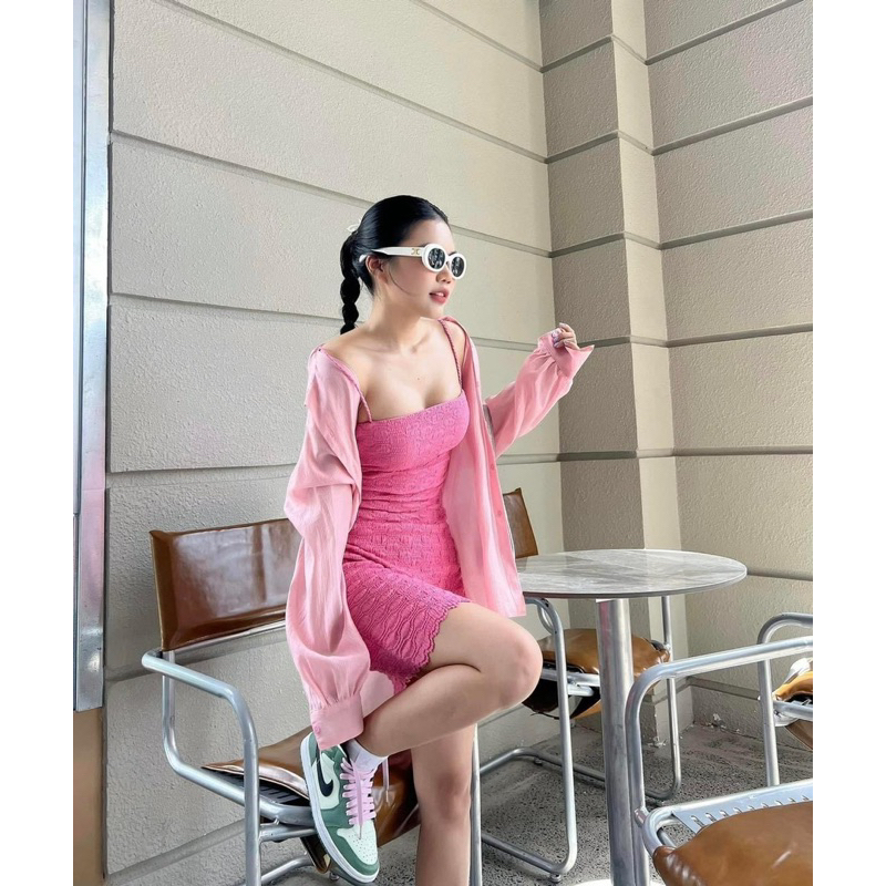 SET ĐẦM BODY 2 DÂY REN + ÁO CROPTOP KHOÁC SƠ MI HỒNG