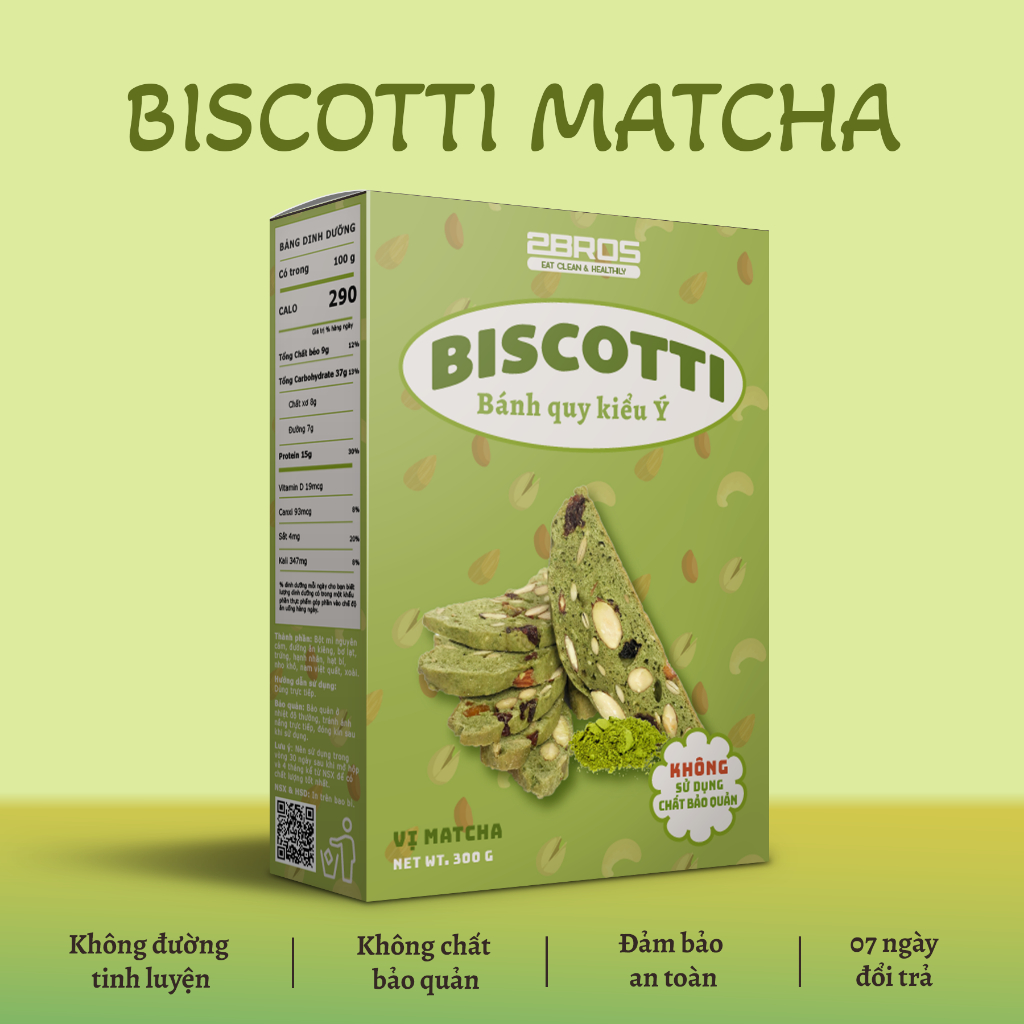 Bánh Biscotti Matcha ăn kiêng không đường cho người tập thể thao ăn kiêng, giảm cân, tiểu đường chính hãng TWOBROS FOOD