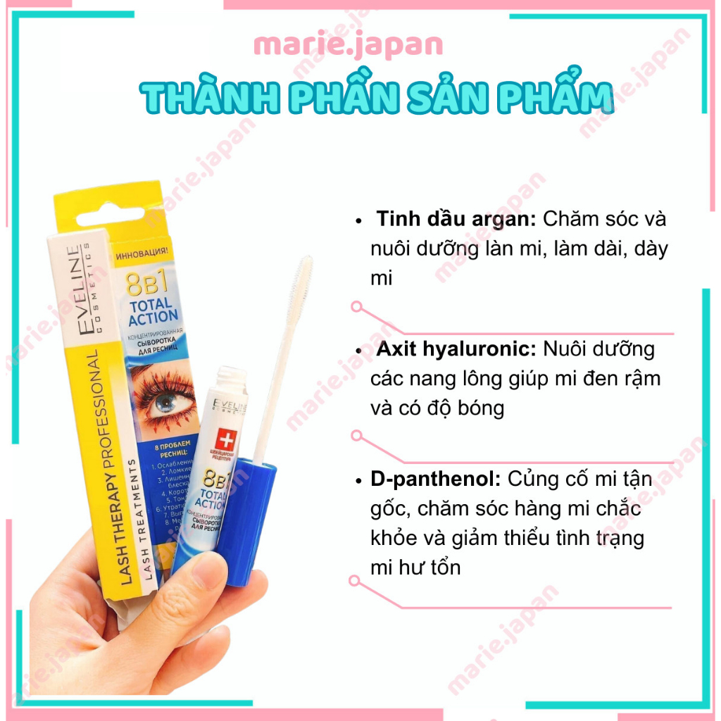 Tinh Chất Eveline 8 in 1 Dưỡng Dài Dày Mi Total Action Lash Therapy Cây 10ml