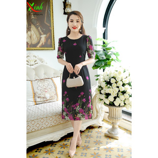 Đầm Suông Voan Hai Lớp Hoa In Chân Váy DL775 (TÍM)