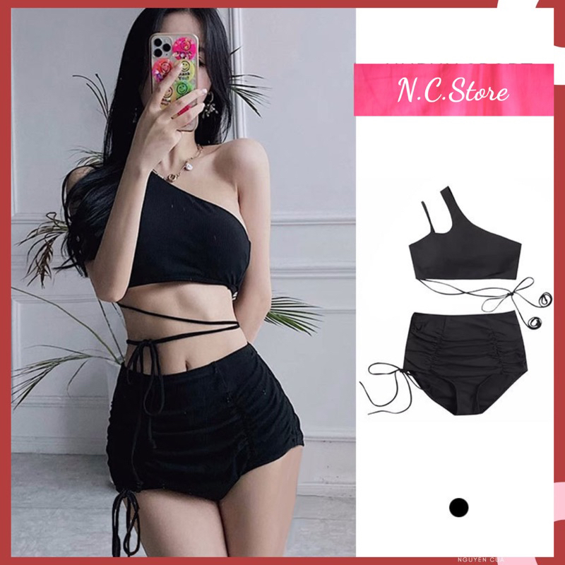 Set Bikini Đi Bơi Lệch Vai Dây Buộc Eo Quần Nhún Cực Xinh