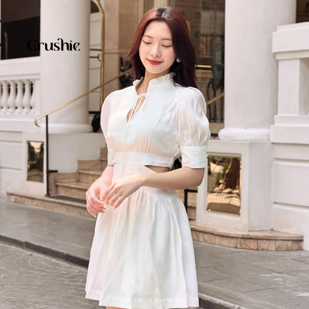 Đầm thiết kế Crushie dáng váy xòe tay ngắn cổ nơ bo eo cách điệu Nita dress