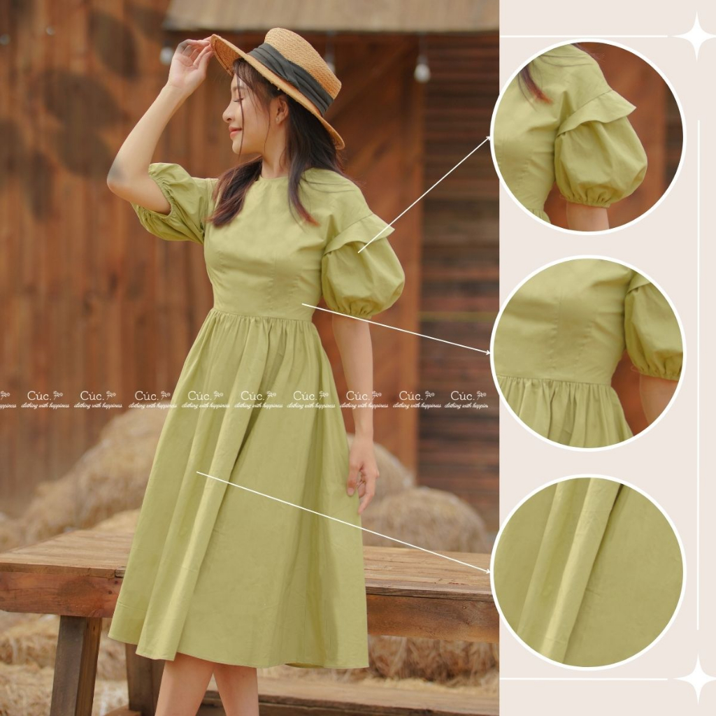 Váy tay bồng, Váy thiết kế chiết eo - Cúc.Clothing