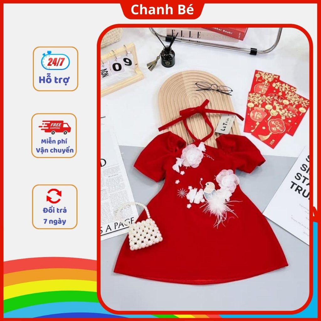 Váy nhung đỏ bé gái cổ yếm thêu chim gắn hoa nổi , đầm bé gái 5-35kg Chanh Bé V119