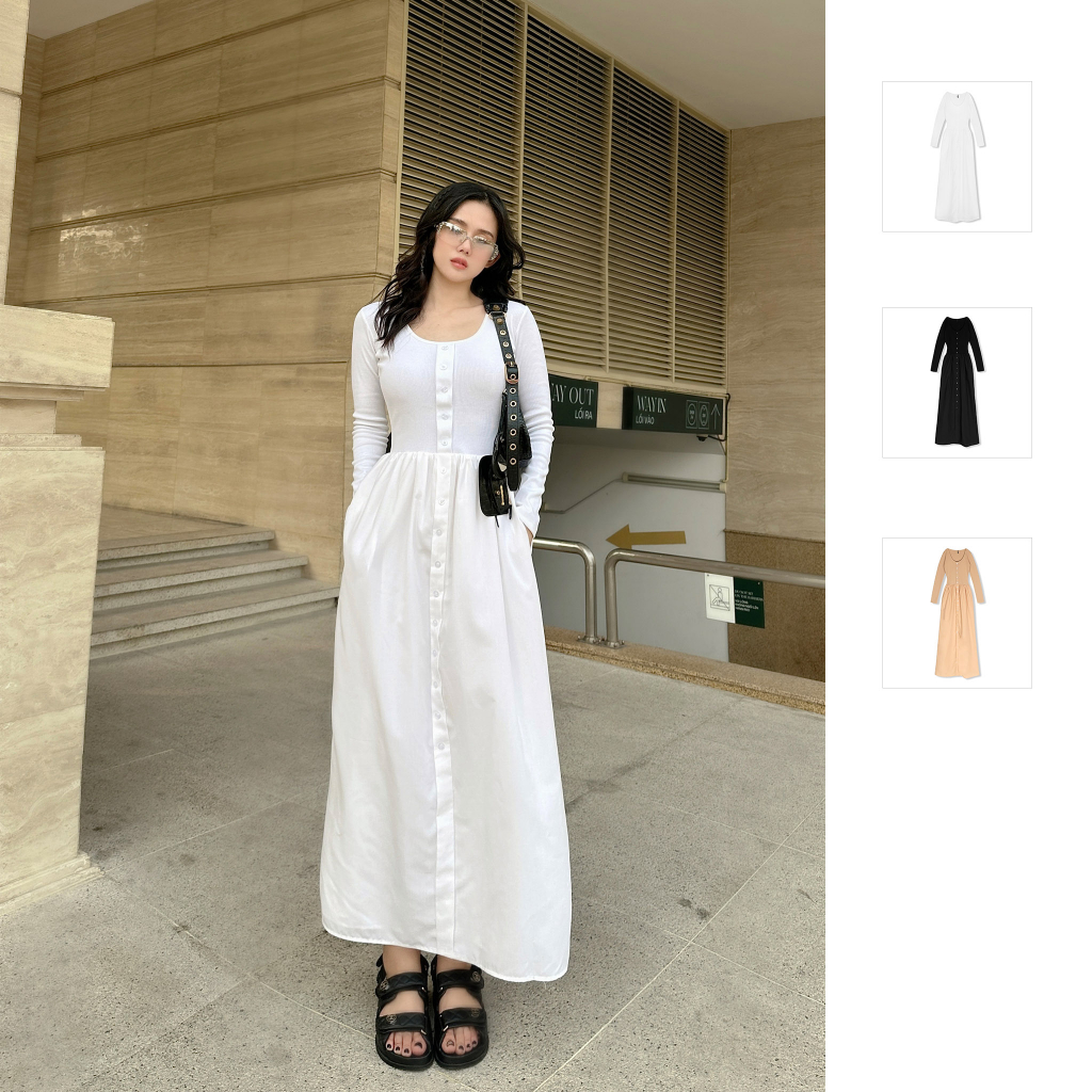 Đầm Nữ Dài Long Sleeve Gawn, Chất Vải Thân Áo Trên Vải Cotton Lạnh 4 Chiều - Thân, WDD026, SOMEHOW