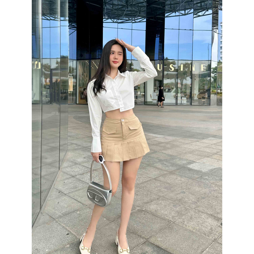 Set Nữ Crop Shirt Pleat Skirt, Chất Vải Áo Cotton, Chân Váy Kaki Dẻo Hàn Thoải Mái, WSB065, SOMEHOW