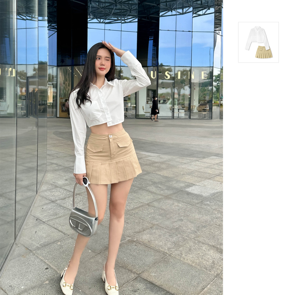 Set Nữ Crop Shirt Pleat Skirt, Chất Vải Áo Cotton, Chân Váy Kaki Dẻo Hàn Thoải Mái, WSB065, SOMEHOW