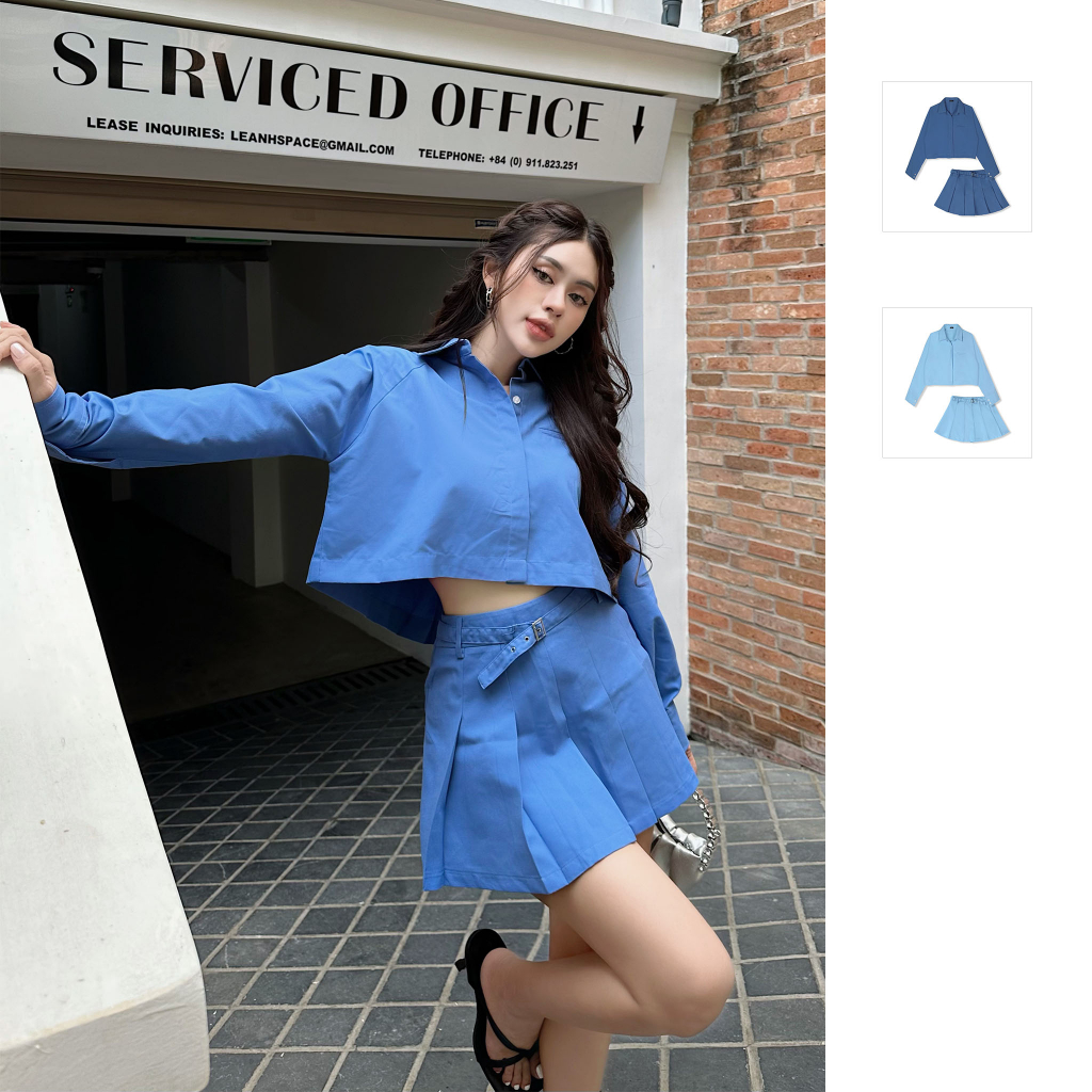 Set Nữ Áo Crop Belted Pleat Skirt, Chất Vải Kate Ford Thoải Mái, WSB062, SOMEHOW