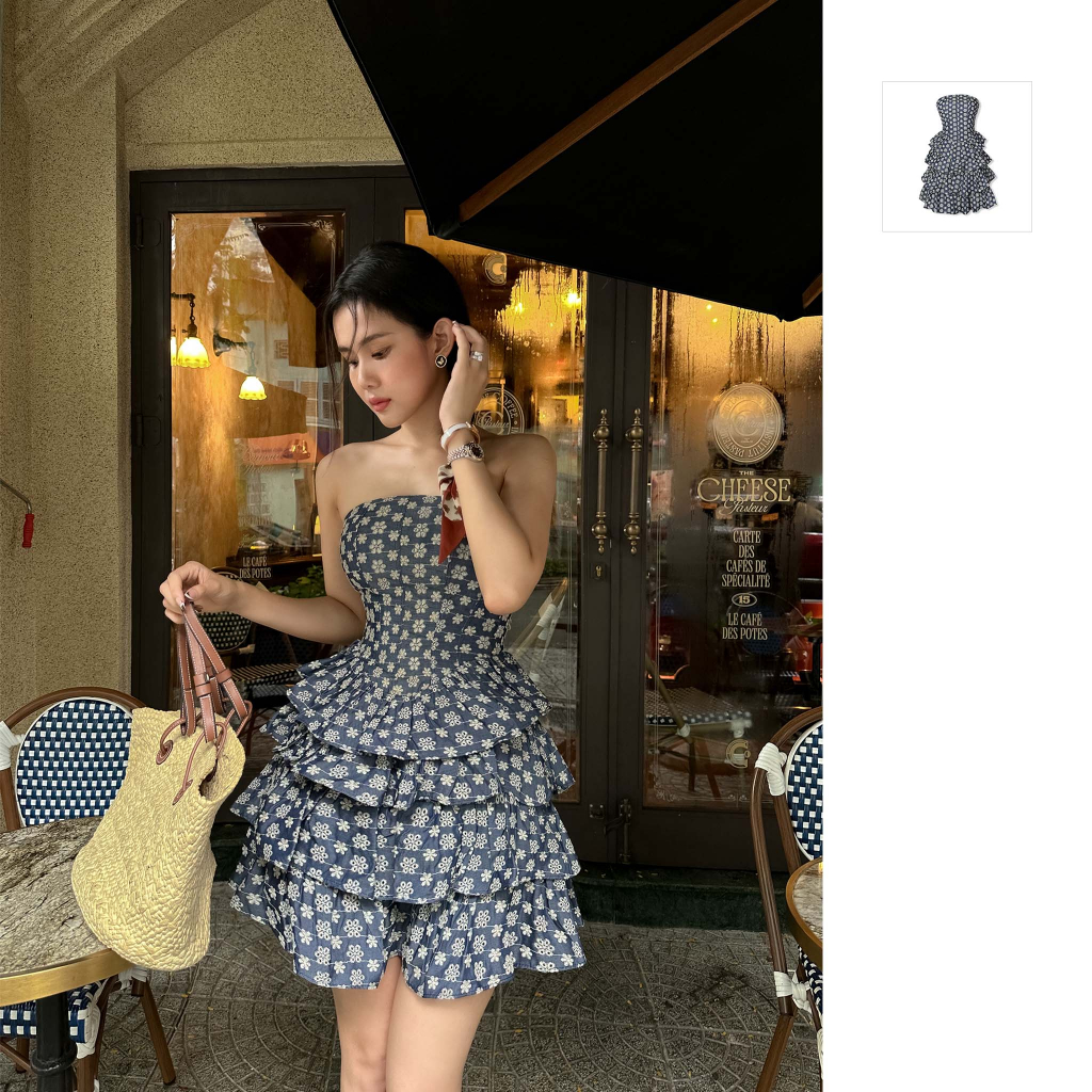 Đầm Nữ Ngắn Strapless Flower On Pattern, Chất Vải Denim Thêu Thoải Mái, WDN041, SOMEHOW