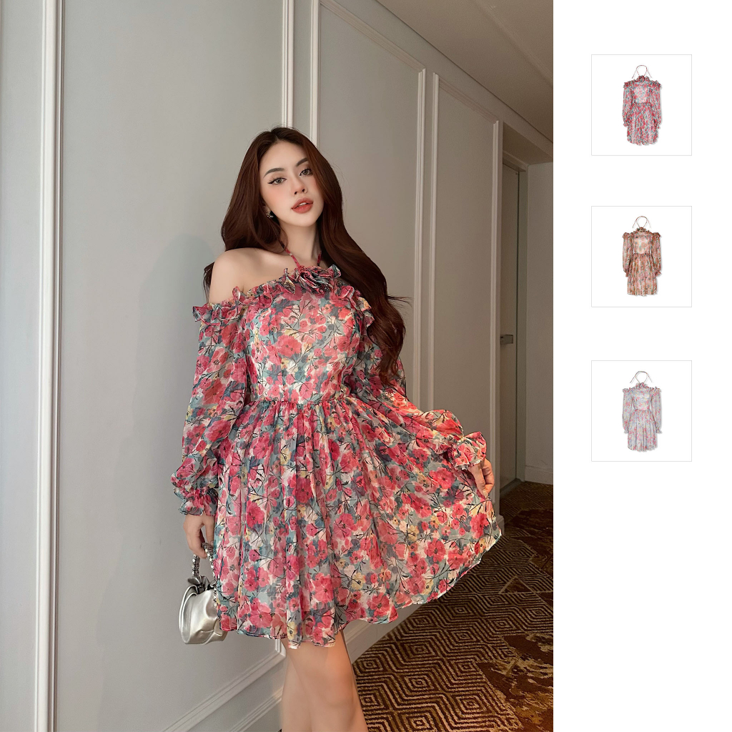 Đầm Nữ Ngắn Long Sleeves Flower, Chất Chiffon Hoa Thoải Mái, WDN034, SOMEHOW