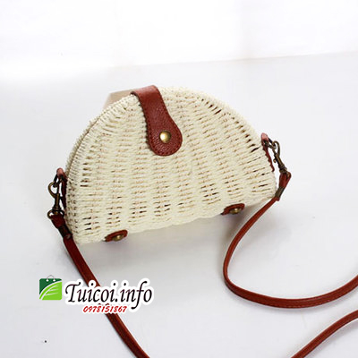 Túi cói hộp phối da hình bán nguyệt phong cách Vintage