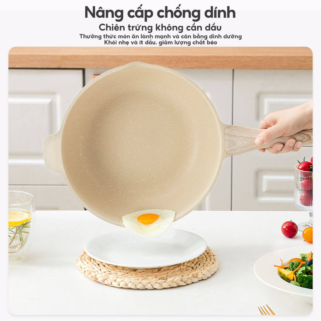 INSSA [Nồi bếp từ] Bộ nồi chảo đá chống dính màu cream cao cấp chính hãng, dùng cho bếp từ