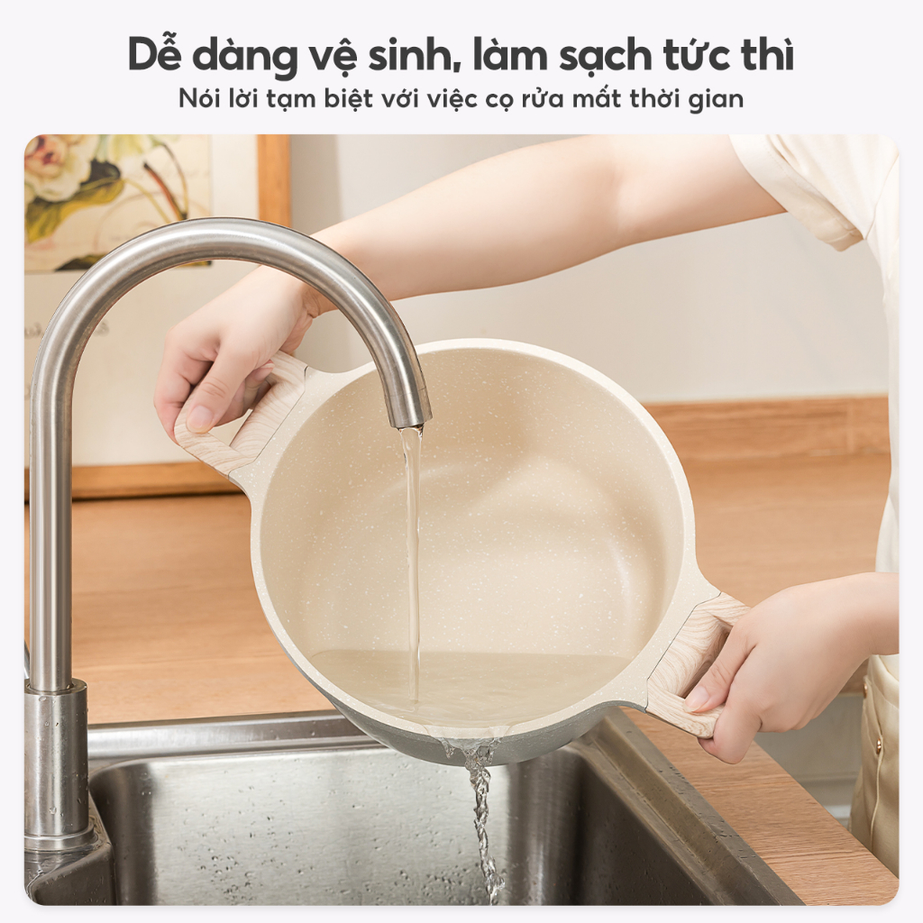 INSSA [Nồi bếp từ] Bộ nồi chảo đá chống dính màu cream cao cấp chính hãng, dùng cho bếp từ