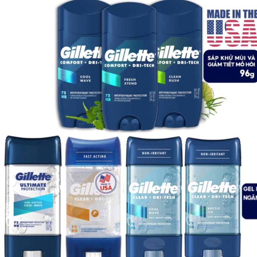 Lăn khử mùi nam Gillette Clear Gel 107g / Sáp 96g Sport Active Arctic Ice Cool Wave 6in1 Ultimate Clear Rush