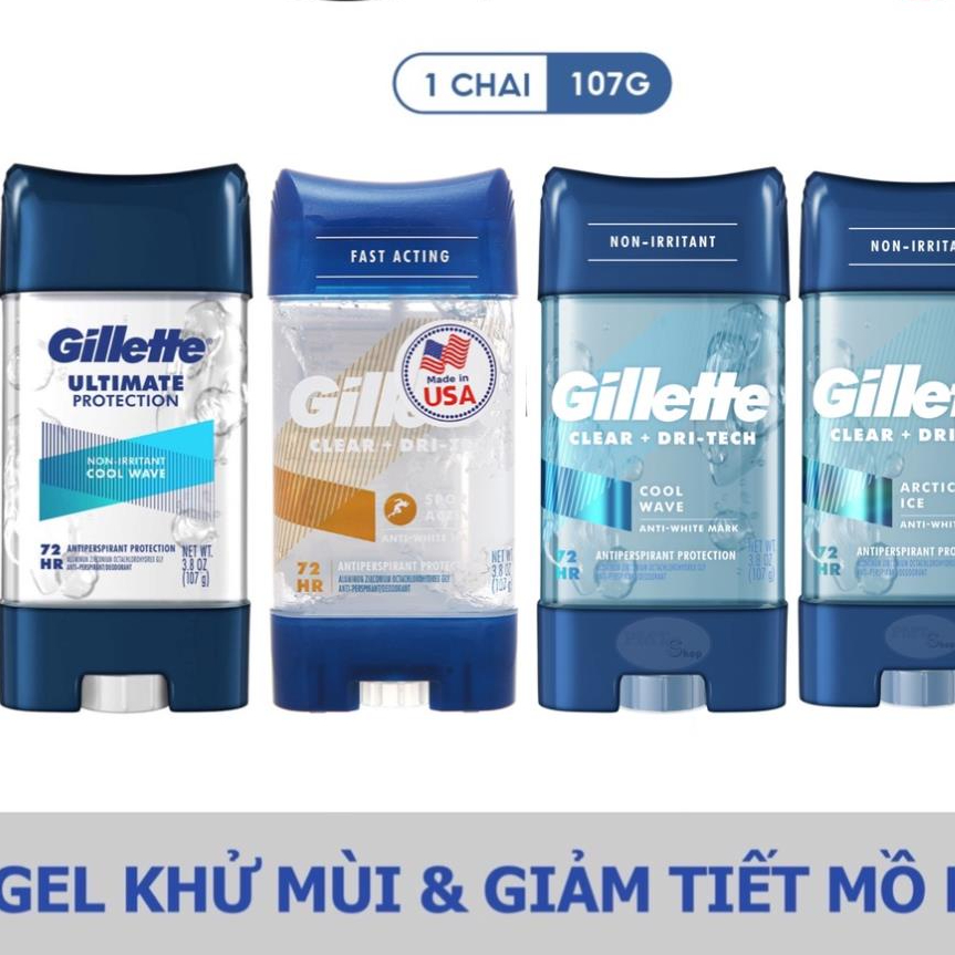 Lăn khử mùi nam Gillette Clear Gel 107g / Sáp 96g Sport Active Arctic Ice Cool Wave 6in1 Ultimate Clear Rush