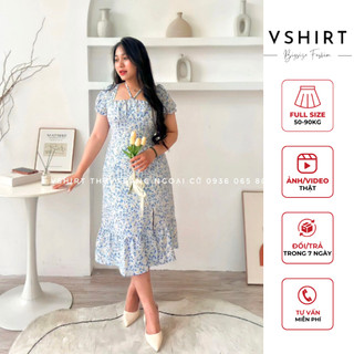 Váy hoa xanh buộc dây cổ bigsize (50kg đến 90kg) VSHIRT