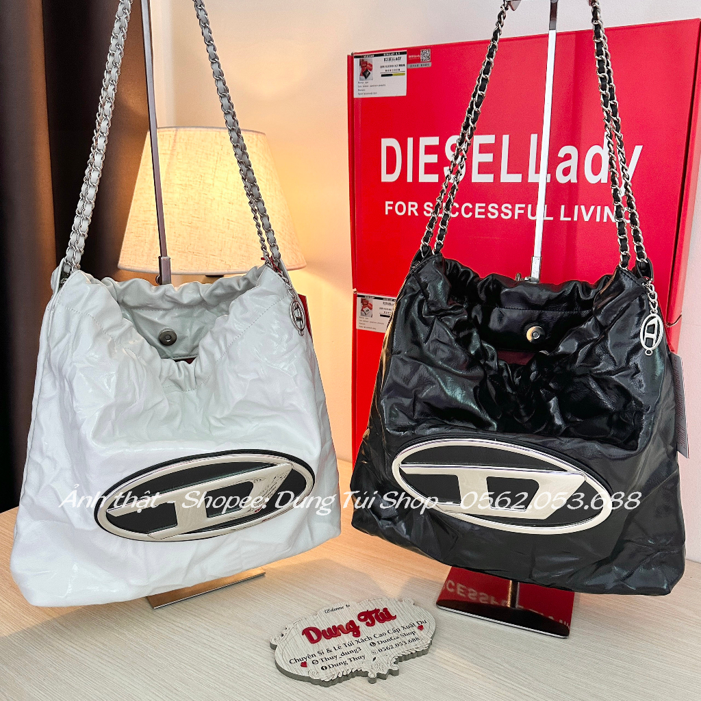 Túi Disel nữ đeo vai size 34 chất da nhăn ngăn rộng có cài miệng túi full màu