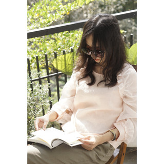 MaxMessi - Áo kiểu nữ Linen Tưng Premium MATTIA form croptop tay dài phối voan cổ tròn