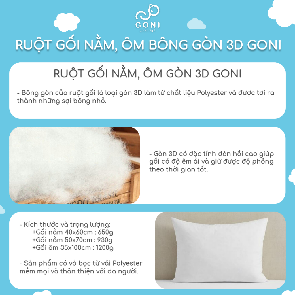 Bộ 4 ruột hơi bông gòn êm ái GONI Trắng tinh khiết bao gồm 2 ruột gối , 1 ruột chăn hè và 1 ruột gối ôm