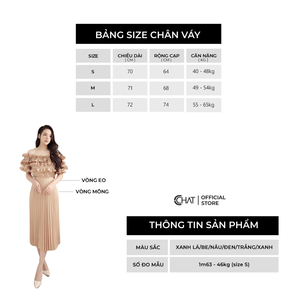 Chân Váy 𝐂𝐂𝐇𝐀𝐓 Dập Ly Dáng Dài Chất Mango Cao Cấp Phong Cách Trẻ Trung 92CDE2005LT
