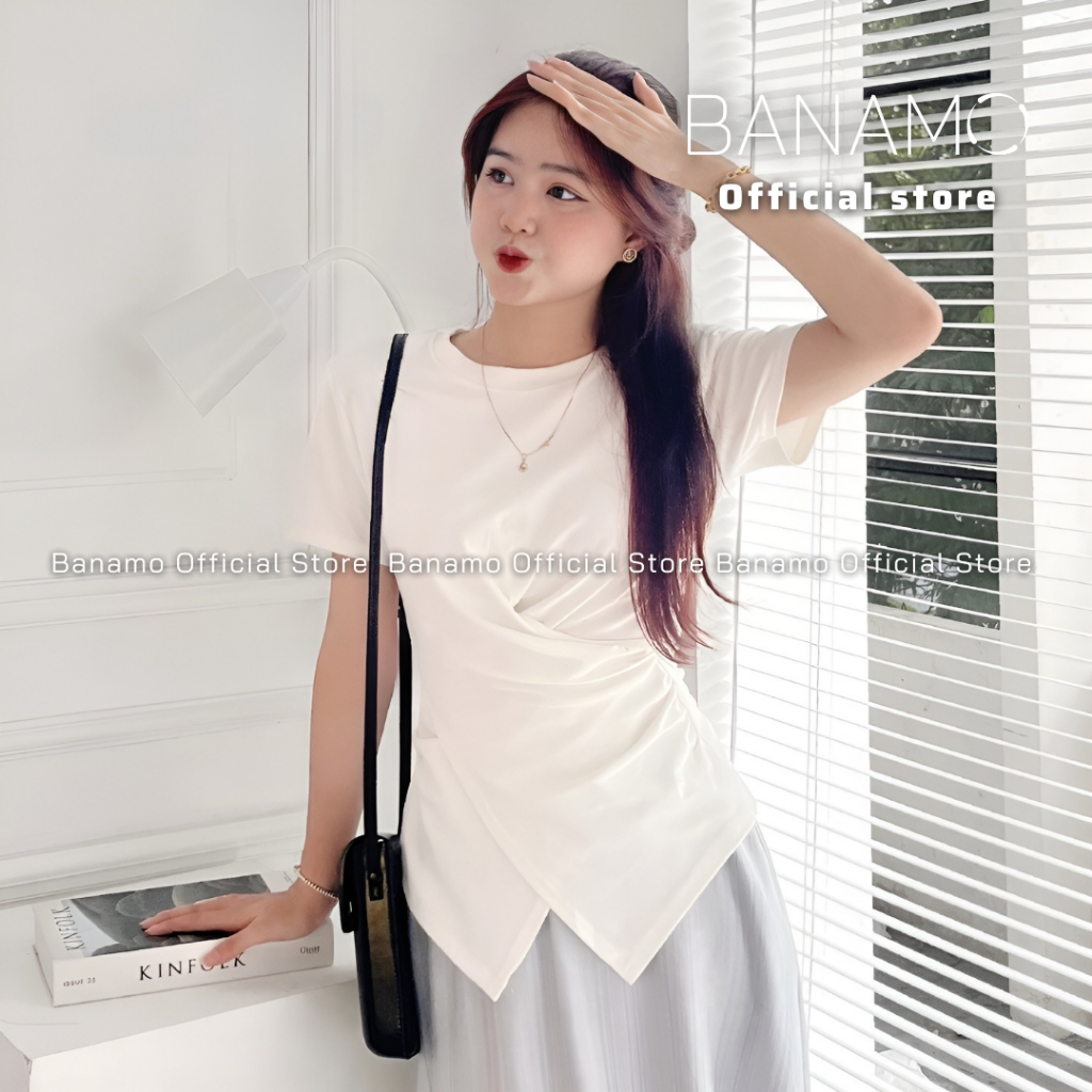 [Mã FAGREEN giảm 10K đơn 99K] Áo thun nữ Banamo Fashion áo thun trơn cổ tròn nhúm eo vạt chéo 3112 | BigBuy360 - bigbuy360.vn