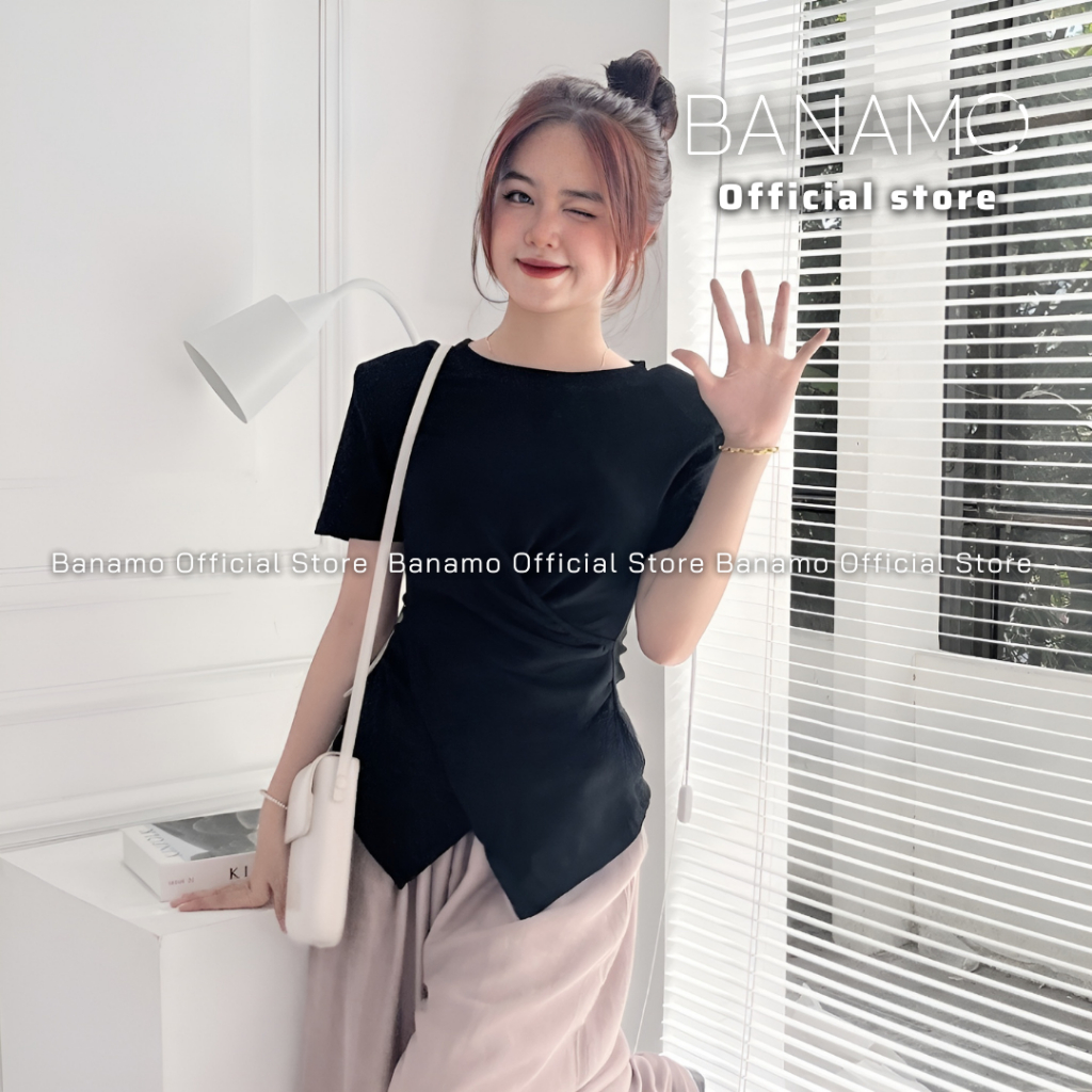 [Mã FAGREEN giảm 10K đơn 99K] Áo thun nữ Banamo Fashion áo thun trơn cổ tròn nhúm eo vạt chéo 3112 | BigBuy360 - bigbuy360.vn