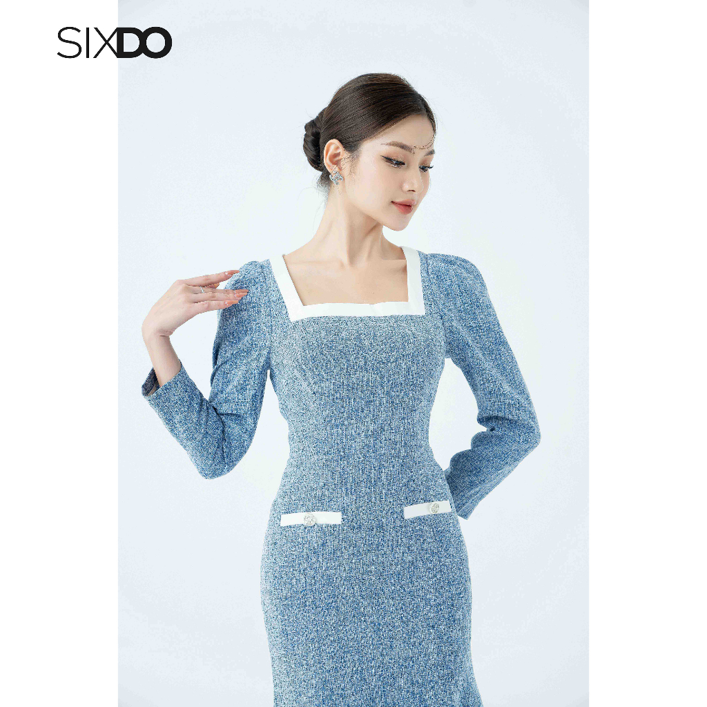 Đầm tweed midi xanh thanh lịch thời trang SIXDO (Blue Mermaid Midi Tweed Dress)