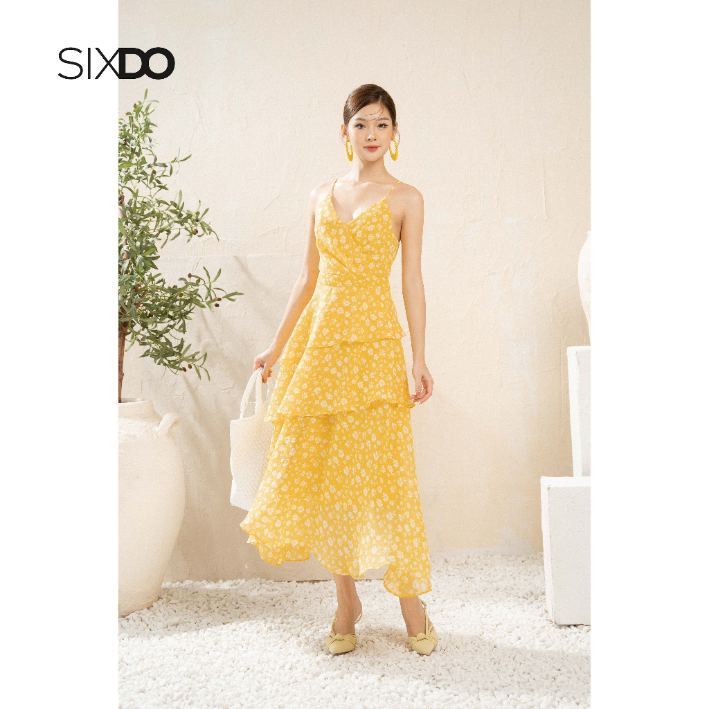 Đầm voan hoa hai dây xếp tầng thời trang SIXDO