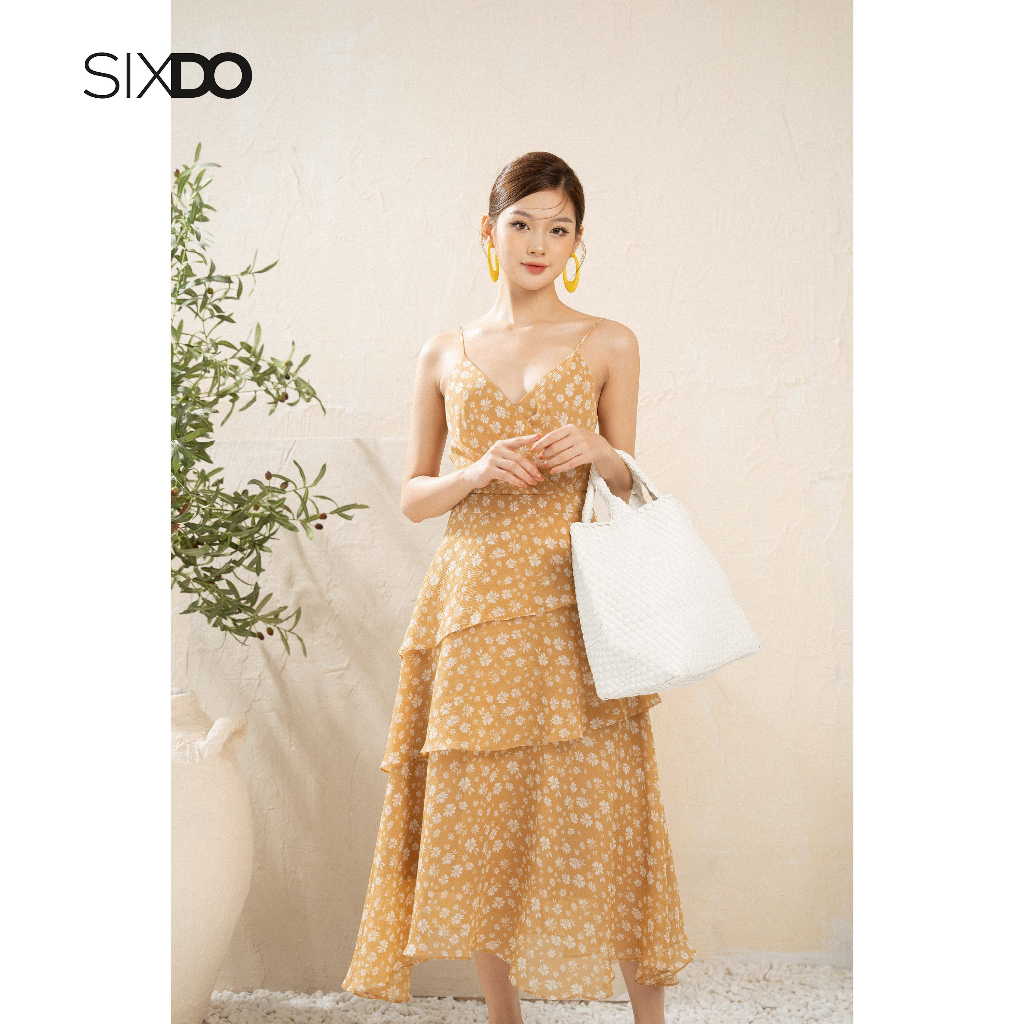 Đầm voan hoa hai dây xếp tầng thời trang SIXDO