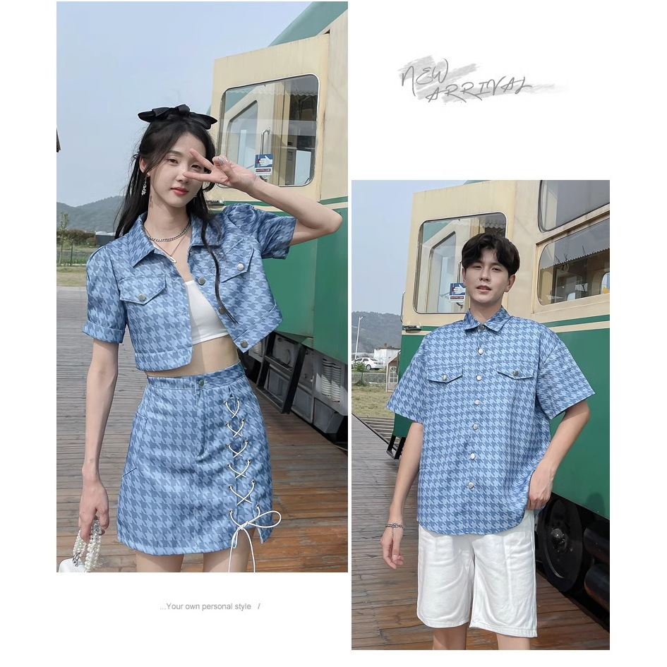 SET ĐỒ ĐÔI TÌNH NHÂN COUPLE ÁO SƠ MI NAM VÀ SET ÁO CROTOP + CHÂN VÁY KIỂU NỮ CHẤT JEAN MỎNG. SET ODER MẪU MỚI NĂM 2023