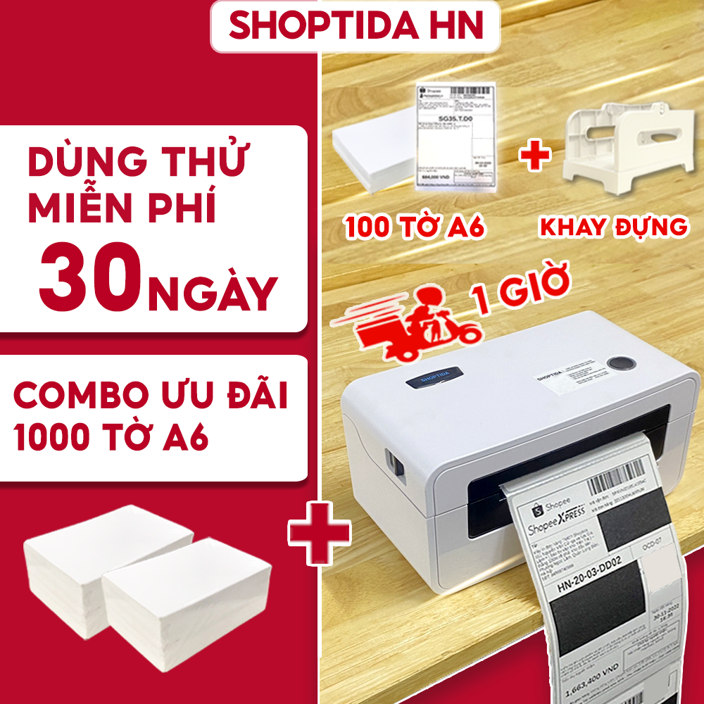 Máy in đơn hàng Shoptida SP46 kèm 1000 giấy in nhiệt 10*15cm decal tự dán, tặng kèm kèm phụ kiện, bảo hành 12 tháng