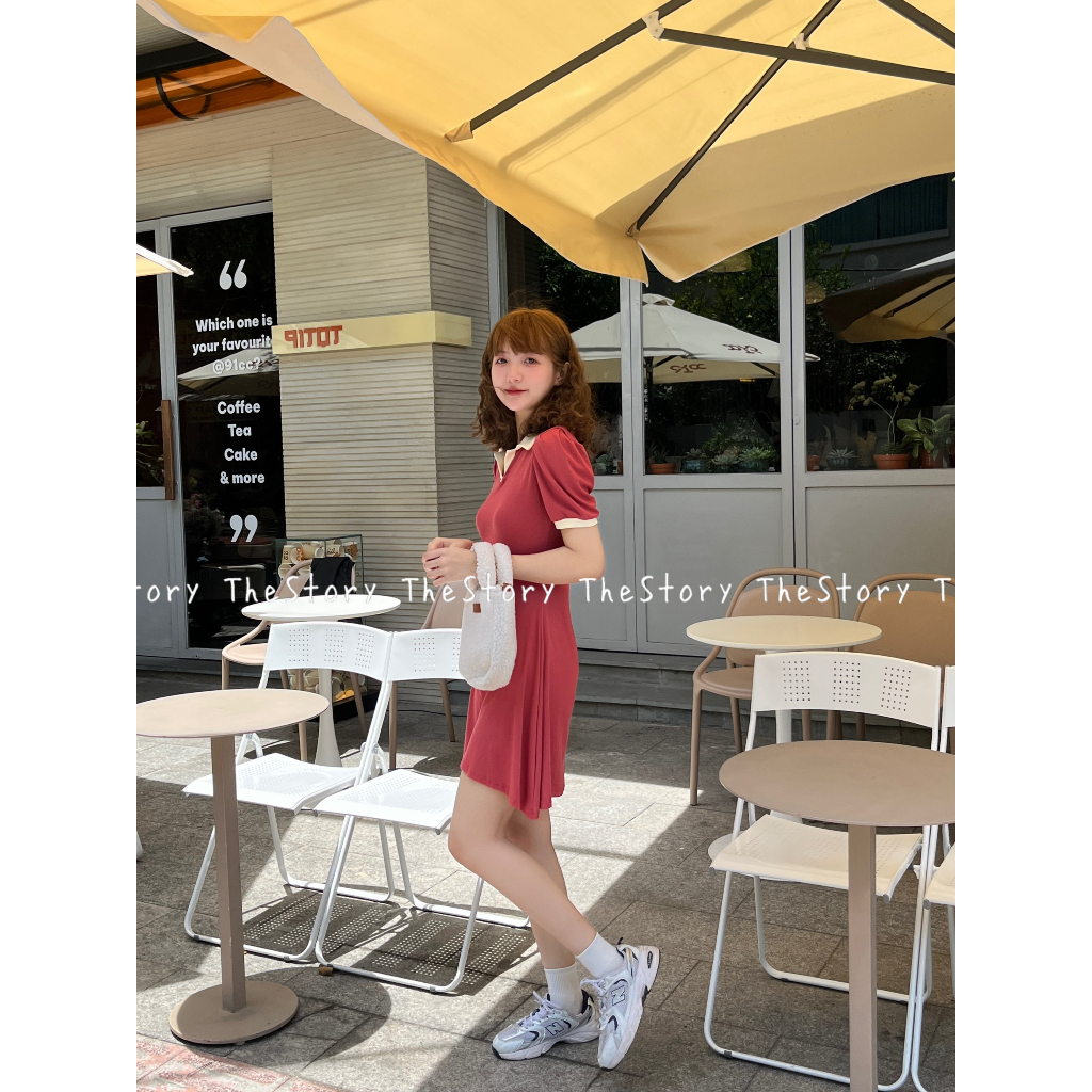 Đầm polo thun cổ trắng thân đỏ  D1133-2