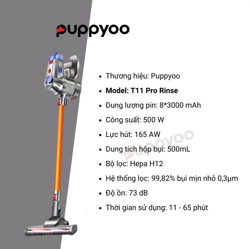 Máy Hút Bụi Cầm Tay Cao Cấp PUPPYOO T11 PRO RINSE không dây lực hút mạnh mẽ BH 24 tháng