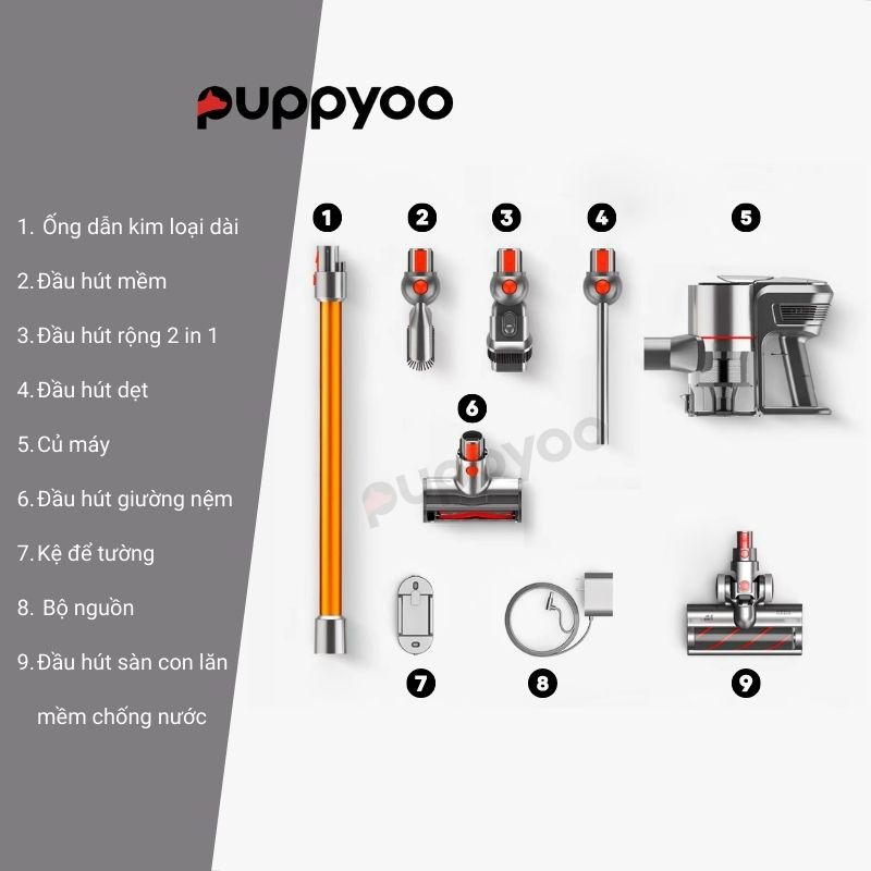 Máy Hút Bụi Cầm Tay Cao Cấp PUPPYOO T11 PRO RINSE không dây lực hút mạnh mẽ BH 24 tháng