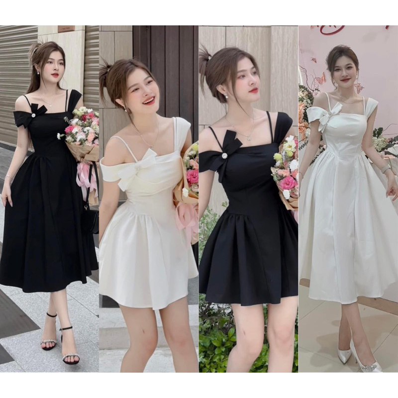 ĐẦM TRẮNG 2 DÂY NƠ LỆCH (về thêm đen và loại midi)