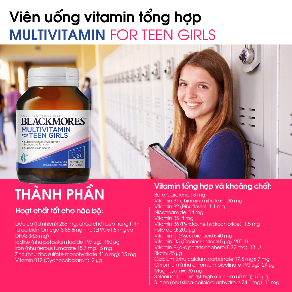 Vitamin tổng hợp cho bé gái Blackmores Multivitamin for Teen Girls 60v giúp bé phát triển khỏe mạnh