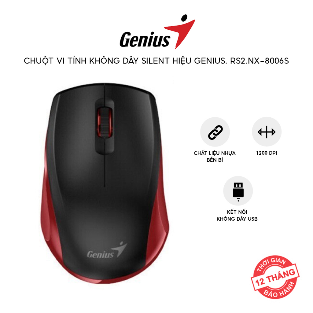 Chuột vi tính không dây Silent hiệu Genius, RS2 NX-8006S Red GM-210004 Màu đỏ đen