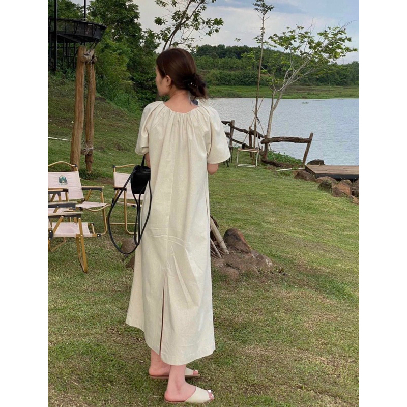 Đầm cổ tròn xếp ngực linen tay lửng dáng dài