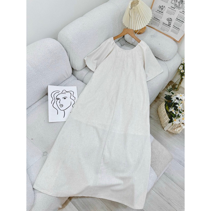 Đầm cổ tròn xếp ngực linen tay lửng dáng dài