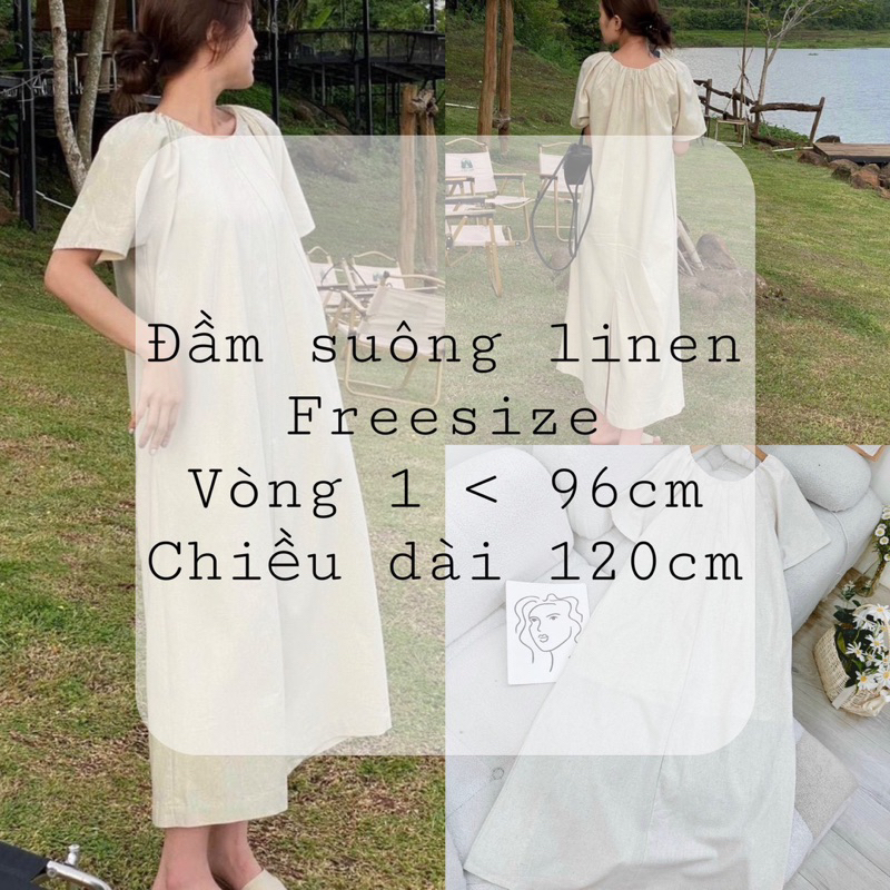 Đầm cổ tròn xếp ngực linen tay lửng dáng dài