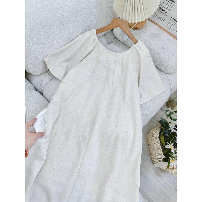 Đầm cổ tròn xếp ngực linen tay lửng dáng dài