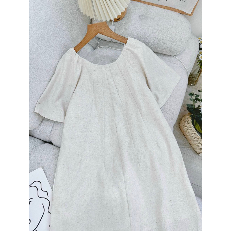 Đầm cổ tròn xếp ngực linen tay lửng dáng dài