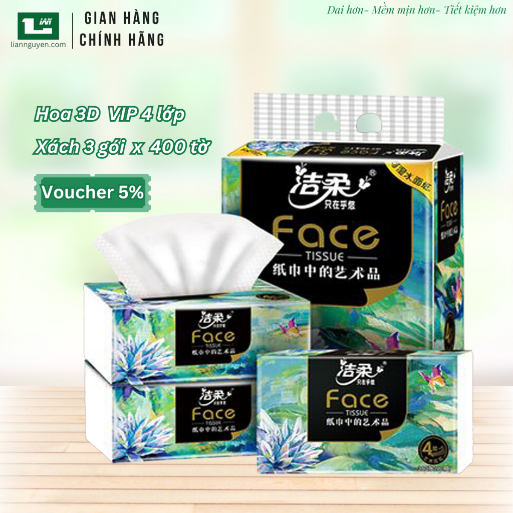 Khăn giấy FACE sơn mài 3D- xách 3 gói 4 lớp 400 tờ cao cấp- LianNguyen