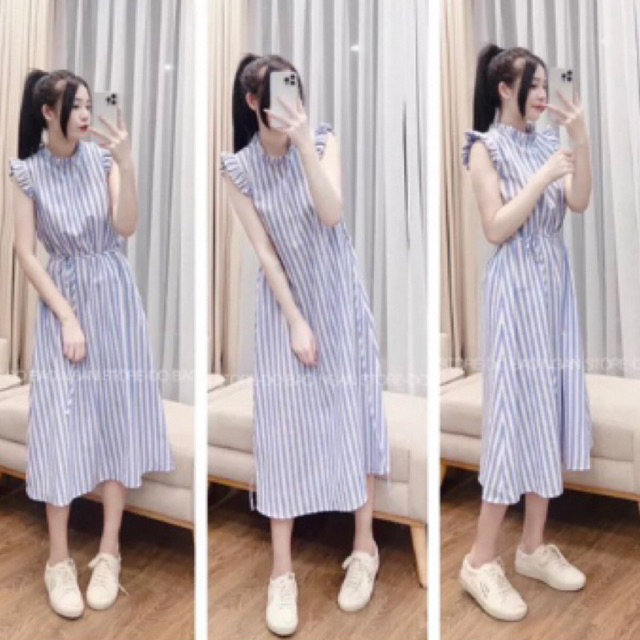 Váy Kẻ Tay Bèo Dáng Suông Dài Có Dây Buộc Eo Đầm Kẻ Sọc