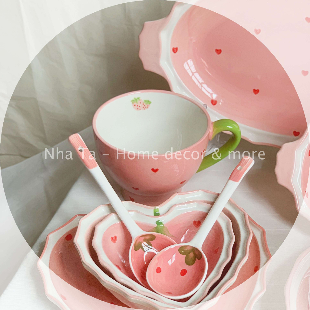 Bộ chén dĩa, bát ăn cơm, bát đĩa đẹp họa tiết quả dâu